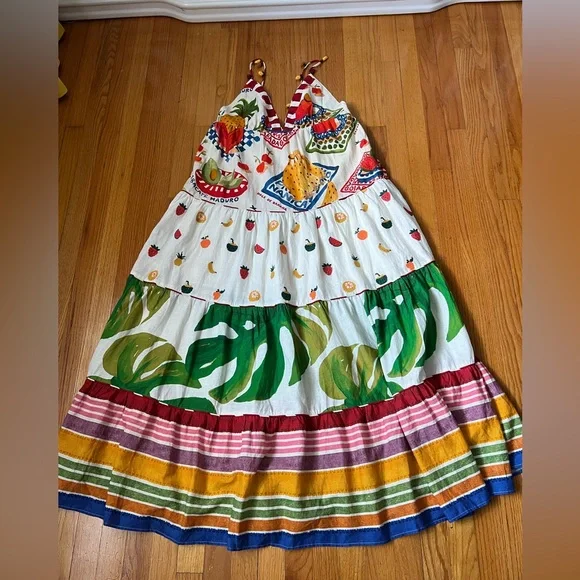 FARM Rio Mixed Picnic Tiered Maxi Dress with Fruit & Stripe Print M - Picture 6 of 11
